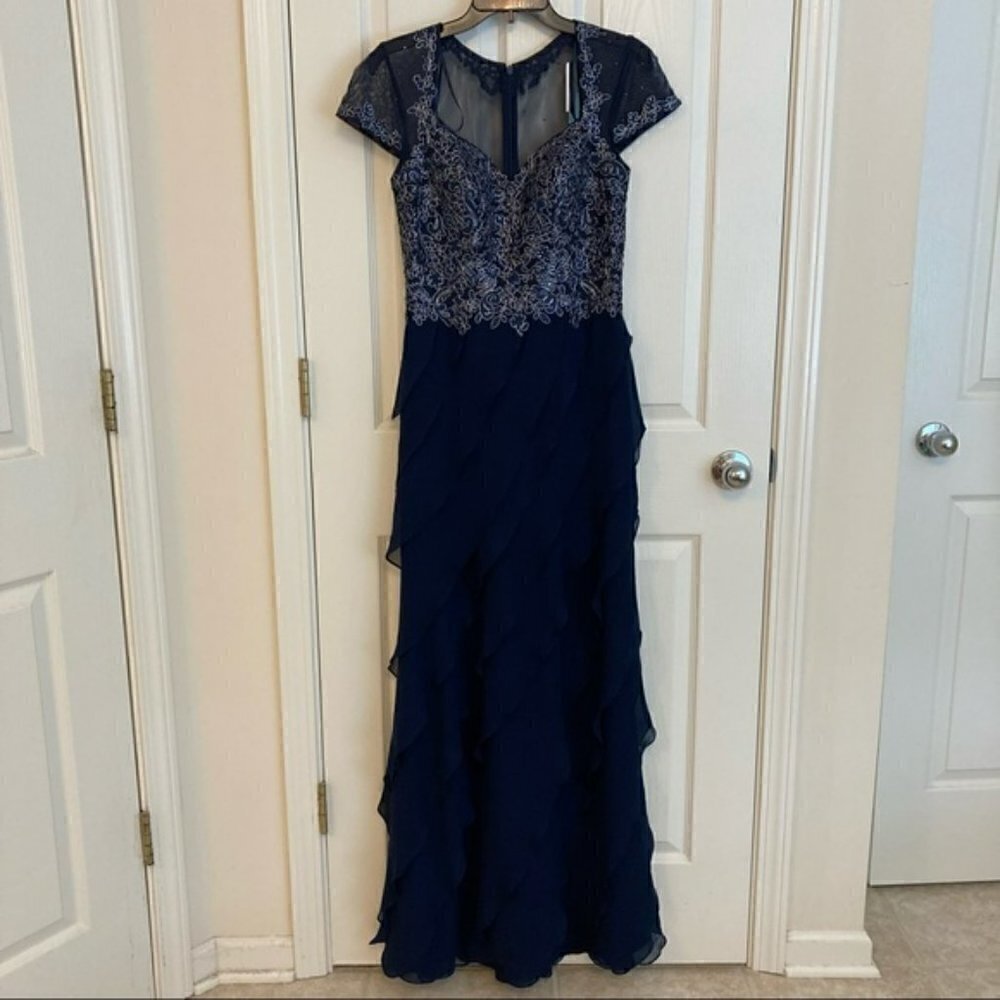 Xscape Embroidered Cap Sleeve Sweetheart Neckline Tiered Gown in Navy/Silver - Picture 7 of 14